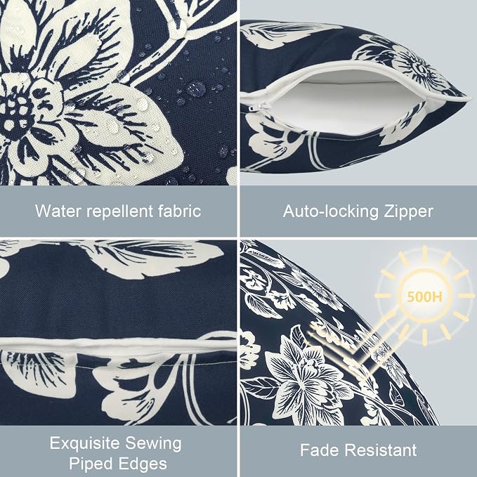 LVTXIII Outdoor Pillow Covers 16x16, Patio Waterproof Throw Pillow Cases Fade Resistant Accent Pillow Covers for Spring Summer Garden Decoration, Set of 2, Elegant Vines Navy