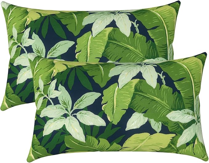 LVTXIII Set of 2 Patio Lumbar Pillows, 12" x 20" Fade Resistant Outdoor Lumbar Pillow with Inners, Fluffy Decorative Garden Lumbar Cushions for Home Patio Coach Sofa Use, Jungle Leaves