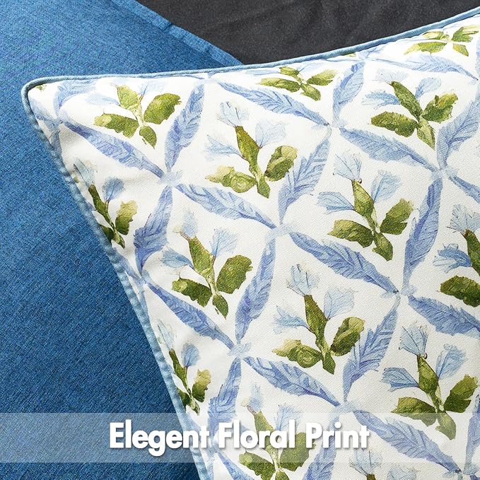MIULEE Outdoor Floral Pillow Covers Waterproof 12x20 Blue-Green | Decorative Block Print,Boho Farmhouse, Set of 2 Coastal Summer Cushion Covers with Piping,Garden Patio Furniture Porch Couch