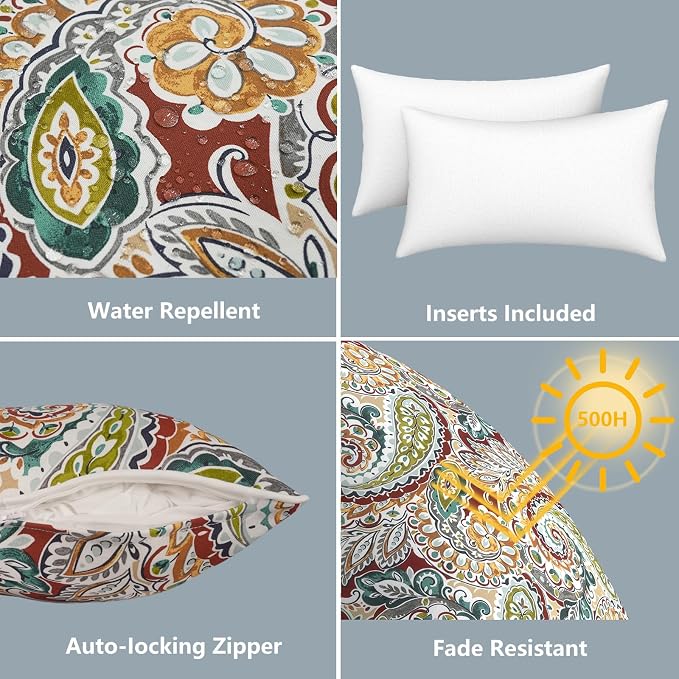 LVTXIII 2 Pack Outdoor Lumbar Pillows 12x20 Inch with White Piping, Fade Resistant Support Throw Pillows with Inserts for Patio Furniture, Sofa, Chair, Vibrant Paisley