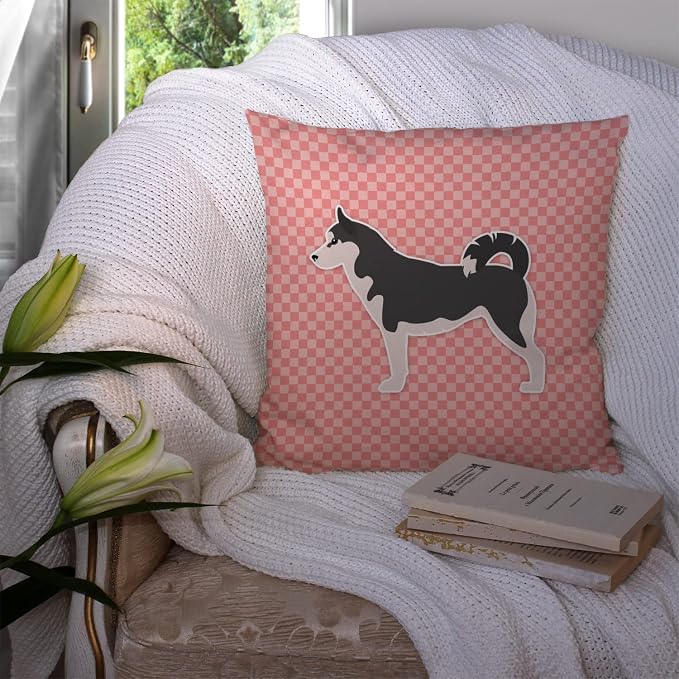 Caroline's Treasures BB3680PW1414 Siberian Husky Checkerboard Pink Fabric Decorative Pillow Machine Washable, Indoor Outdoor Decorative Pillow for Couch, Bed or Patio, 14Hx14W