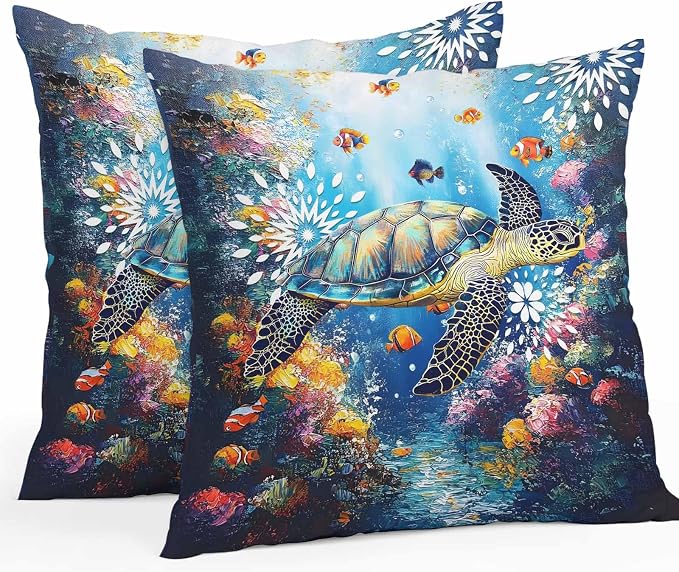 Turtle Waterproof Outdoor Pillow Covers Set of 2 Home Decor, Ocean Fish Coral Underwater World Cartoon Pillowcase Patio Pillow Covers for Couch Bench Furniture Garden 16x16in