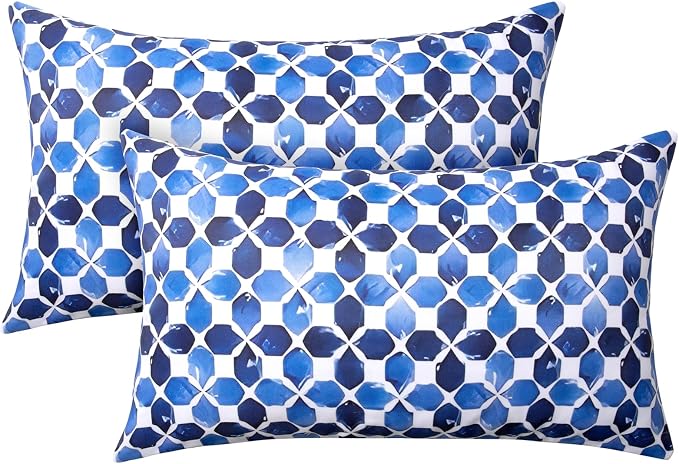 12x20 Waterproof Outdoor Pillows, Set of 2 Outdoor Lumbar Pillows | Patio Furniture Pillows, Decorative Throw Pillows, Waterproof & Fade Resistant, Removable & Washable, Blue White with Plaid