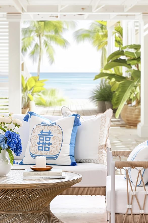Hofdeco Premium Coastal Hampton Patio Indoor Outdoor Throw Pillow Cover Only, 20"x20" Water Repellent for Backyard, Couch, Poolside, Azure Blue Tan Embroidered Happiness Chinoiserie Vase