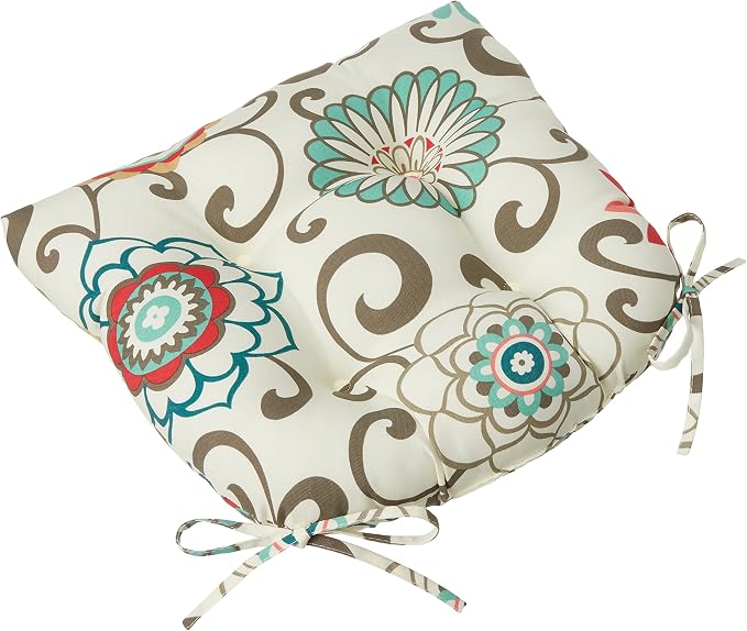 Pillow Perfect Bright Floral Indoor/Outdoor Tufted Wicker Seat Cushion With Ties, 2 Count, 17" x 17.5", Blue/Brown Pom Pom Play