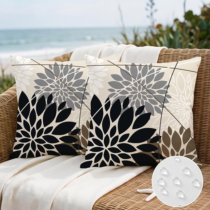 OTOSTAR Outdoor Black Gray Pillow Covers 20x20 Inch Set of 2 White Flower Throw Pillows Farmhouse Geometric Dahlia Floral Square Cushion Case Waterproof Decor for Sofa Patio Funiture Garden