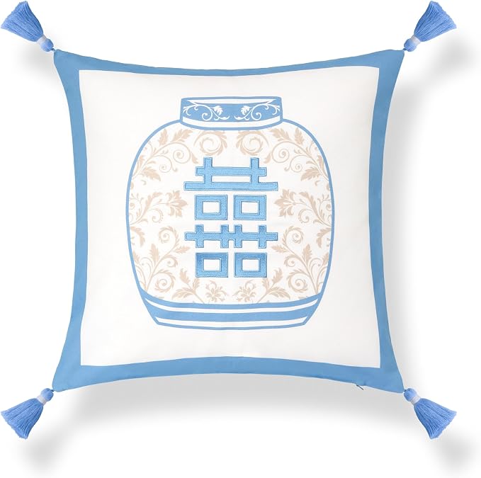 Hofdeco Premium Coastal Hampton Patio Indoor Outdoor Throw Pillow Cover Only, 20"x20" Water Repellent for Backyard, Couch, Poolside, Azure Blue Tan Embroidered Happiness Chinoiserie Vase