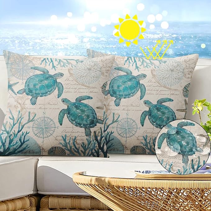 Outdoor Throw Pillow Covers, Turtle Coastal, Set of 2, 18 x 18 Inch | Nautical 18 x 18 Inch Beach Pillowcase Square Cushion Case Farmhouse Garden Decorative Pillows for Couch Patio