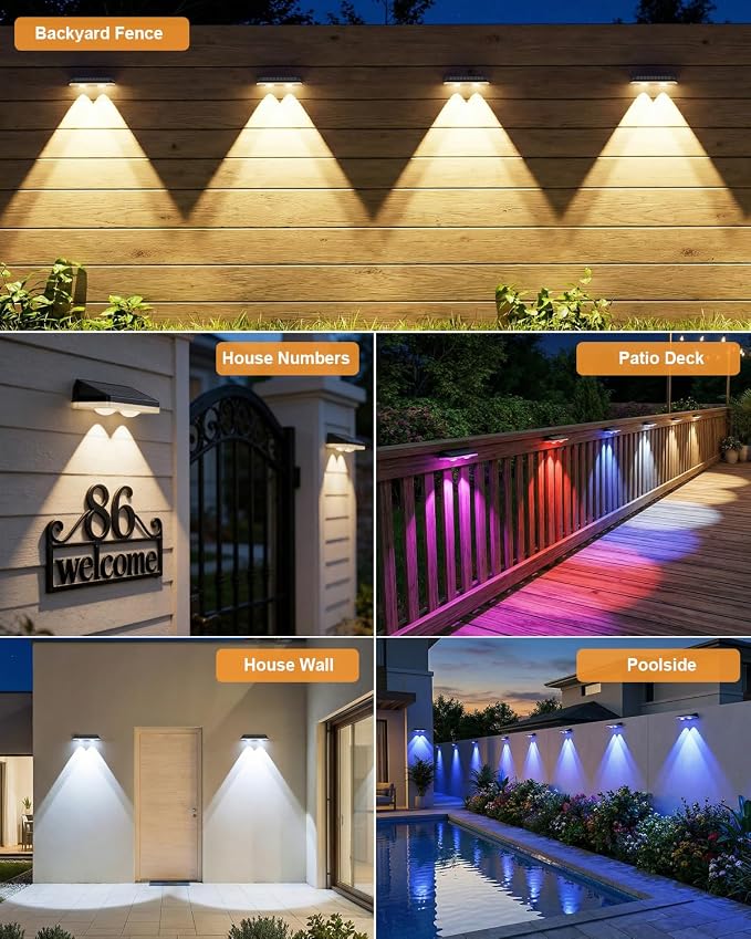 Solar Fence Lights Outdoor,3000/4500/6000K/RGB 13 Mode 12PACK Fence Lights Solar Powered High Brightness LED Lens IP65 Waterproof Solar Wall Light for Outside/Patio/Step/Backyard/Railing Pool/Deck