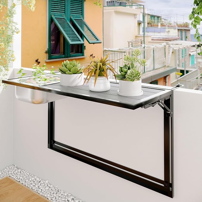 Foldable Balcony Table Outdoor Patio Bar Table with Staice Bucket, Adjustable Above Ground Pool Side Bar Table Fit for Oval Frame, Hanging Balcony Railing Table, 40” x 7”