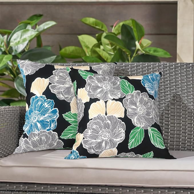 LVTXIII Outdoor Throw Pillows 16x16 Inch, Set of 2 Square Decorative Pillows with Inserts for Patio Furniture, Porch Chair, Garden Sofa, Sketch Peony