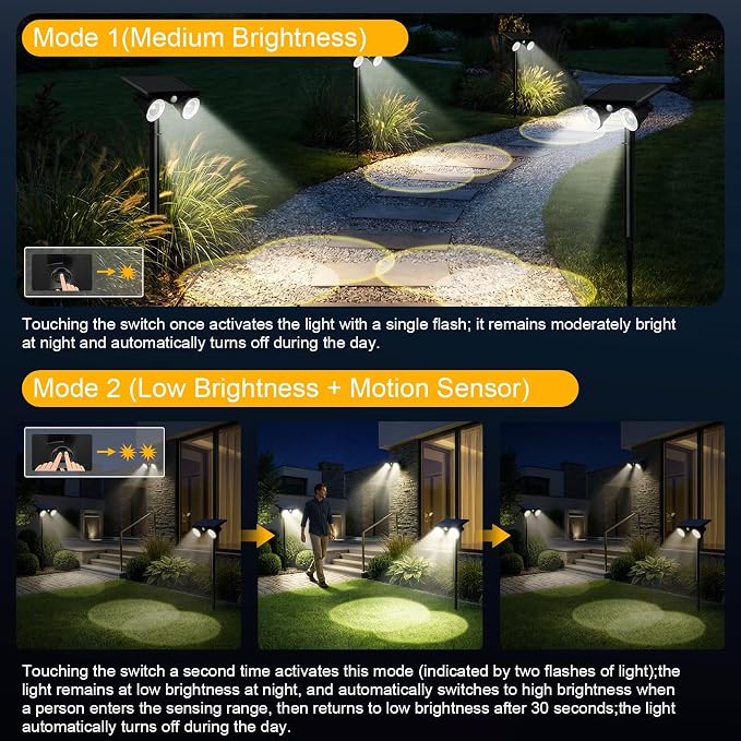 Solar Lights Outdoor Waterproof, Dual Heads Adjustable Solar Spot Lights Outdoor, 2-in-1 Motion Sensor Solar Powered Spotlight Landscape Lighting for Garden, Yard, Pathway- 4 Pack (Cool White)