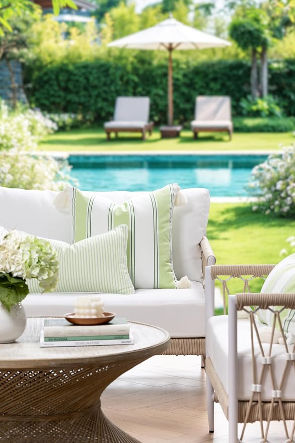 Hofdeco Premium Coastal Hampton Outdoor Performance Lumbar Pillow Cover Only, 12"x20" Water Repellent, UV and Fade Resistant for Backyard, Couch, Poolside, Grass Green Woven Coastline Stripes