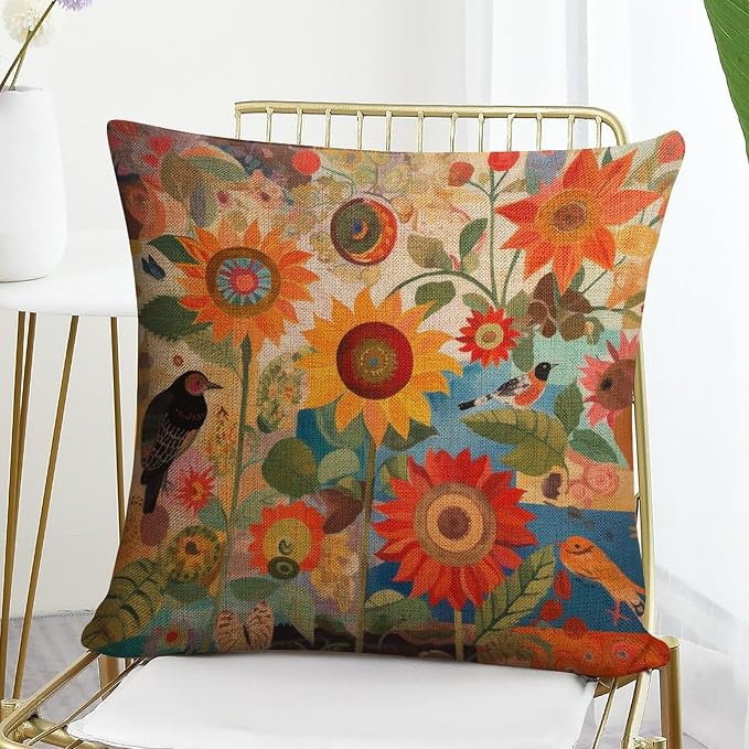 Cushion Covers Colorful Painting of Sunflowers Bird Square Pillow Cover Retro Yellow Flower Pillow Cases Standard Size 16"x16" for Couch Sofa Bed Decorative Cutton Linen Cushion Cases