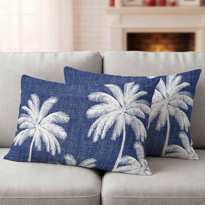 Lumbar Pillow Covers 20x12 Inch Set of 2, Indigo Blue Palm Trees Waterproof Outdoor Pillow Covers, Farmhouse Tropical Summer Beach Decorative Cushion Pillowcases for Couch, Sofa, Bed, Garden, Patio