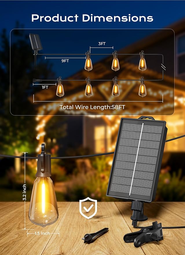 Brightown 58FT Solar String Lights Outdoor Waterproof, 26Hrs Runtime | 25+1 LED Bulbs, USB & Solar Powered, Remote Control & Dimmable Timer, Ideal for Backyard, Garden, Camping & Party Decor