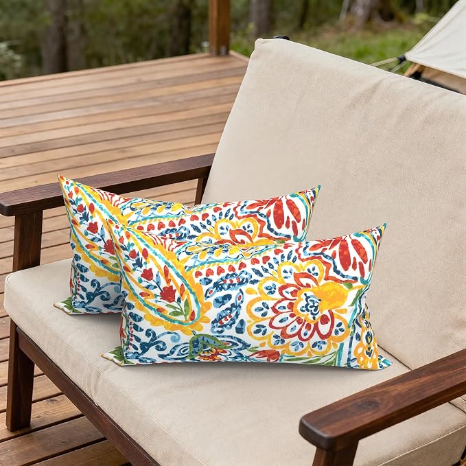 Outdoor Lumbar Pillows, Water Repellent Cushion Pillows 12x20 Inch, Outdoor Pillows with Inserts for Home Garden, Pack of 2, Paisley Multi