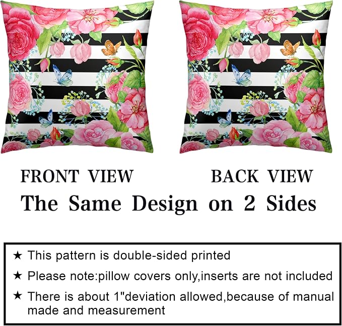 Spring Summer Pillow Covers 18x18 Set of 2 Rose Throw Pillow Covers Butterfly Flowers Pillow Case Black Stripes Cotton Blend Cushion Case for Home Decor Couch Sofa