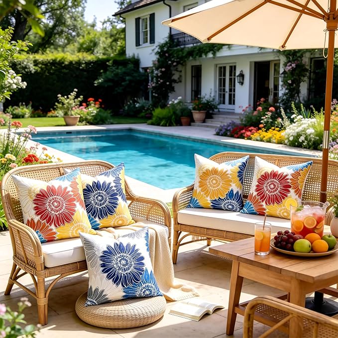 Summer Decorative Sunflower Pillow Covers Outdoor Red Orange Throw Pillow Covers Waterproof Floral Square Farmhouse Cushion Throw Pillowcase 18x18 Set of 2 for Living Room Sofa Patio Furniture Garden