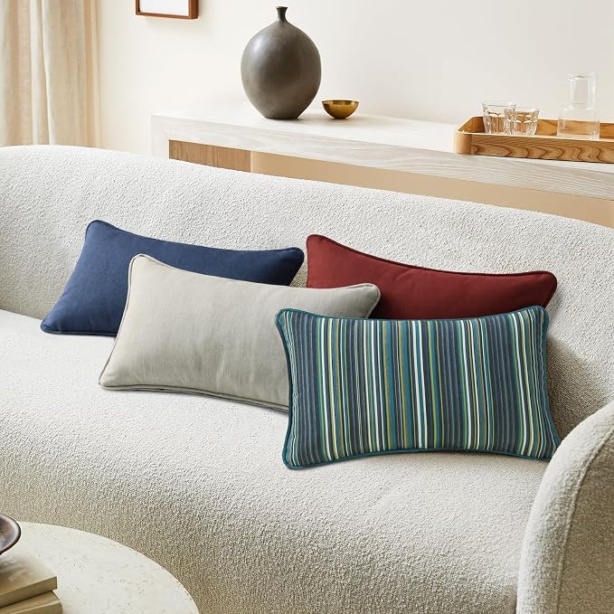 Unimatta Sunbrella Decorative Outdoor Water Repellent Throw Pillows with Inserts, Set of 4, 20" x12" Pillows for Patio, Backyard, Bed, Couch, and Patio Furniture, Beach Stripe Lagoon