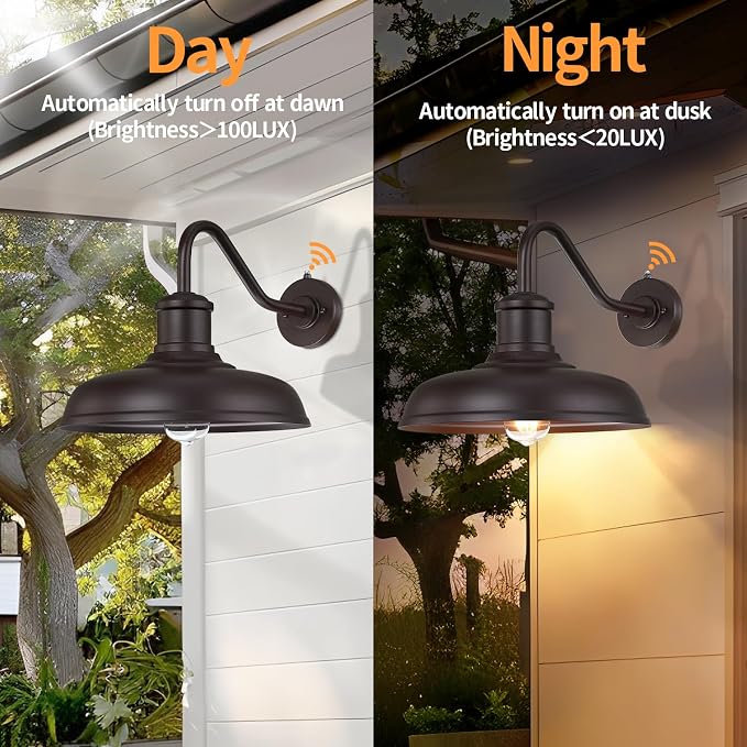 13.8'' Large Dusk to Dawn Outdoor Gooseneck Barn Light, 2 Packs | Outdoor Wall Sconce Farmhouse Exterior Lighting Fixture Industrial Lantern for House, Porch, Entryway, Garage, Brown