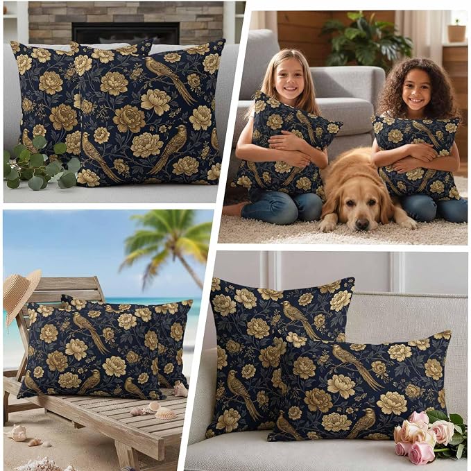 Vintage Gold Navy Blue Floral Outdoor Pillow Covers 24"x24" Set of 2, Bird Peony Flower Traditional Waterproof Throw Pillow Covers for Patio Furniture, Decorative Cushion Covers for Porch