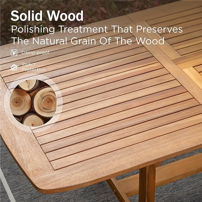 PHI VILLA 7pc Outdoor Dining Set, Expandable Wood Table w/Umbrella Hole | Acacia wood teak patio furniture set for 6. Perfect for patio, deck, porch, backyard. Chairs with cushions.