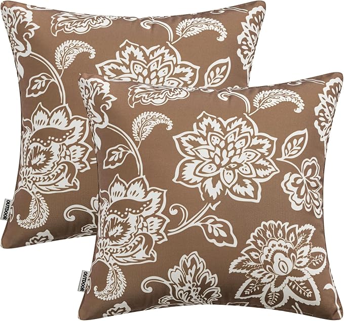 Decorative Outdoor Floral Pillow Covers Set of 2 18x18 Coffe Brown | Waterproof Boho Farmhouse,Decorative Throw Pillow Covers,Summer Coastal Accent Pillowcases,Patio Furniture Garden Sofa