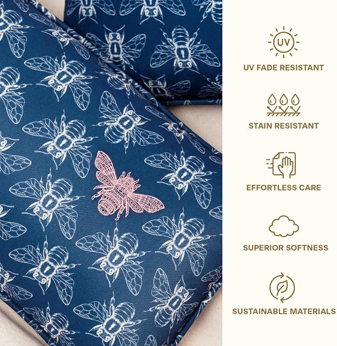 Honeycomb Indoor/Outdoor Square Toss Pillow for Patio Furniture, 17 x 17 | Nocturnal Blue Embroidered Bumble Bee Throw Pillow, Water & Fade Resistant for Patio Furniture Set