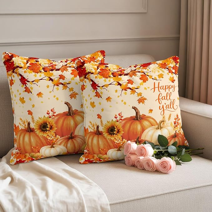 Orange Fall Waterproof Outdoor Pillow Covers 26''x26'' Set of 2, Maple Tree Branch Thanksgiving Pumpkin Patio Cushion Covers for Chairs,Decorative Countryside Leaves Pillow Cases for Garden/Pool/Beach
