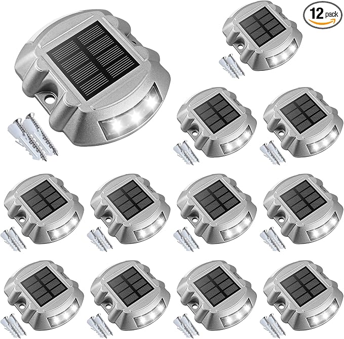 VOLISUN Solar Deck Driveway Dock Lights,Solar Pathway Lights,White 12 Pack | Solar Powered LED, IP68 Waterproof Led Outdoor Warning Step Marine Lights for Sidewalk Garden Yard