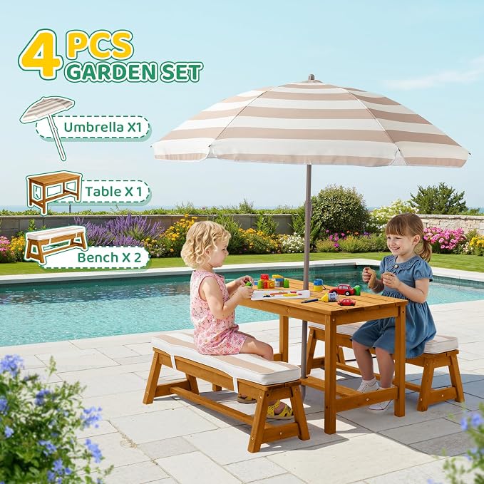 JOYMOR Kids Picnic Table Outdoor Wooden Table & Bench with Adjustable Umbrella, Picnic Table Set w/Removable Cushions for Backyard, Patio, Garden, Indoor(Natural)