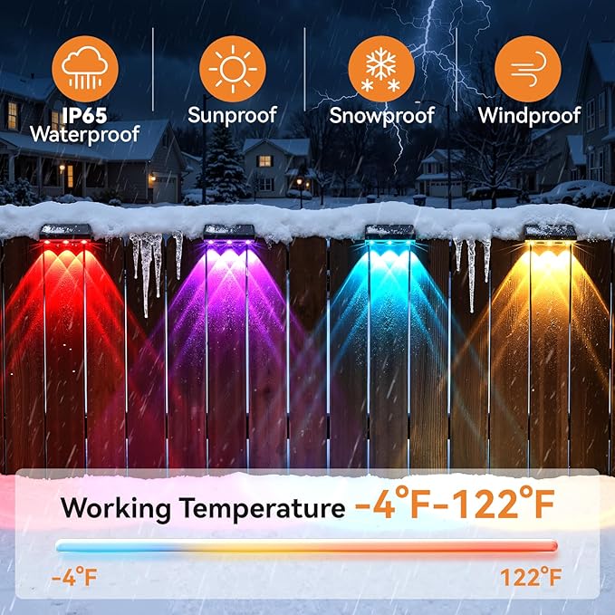 Solar Fence Lights Outdoor 4 Pack, Upgraded Brightness 3X LED Lens Fence Lights Solar Powered, 9 Fixed Colors & RGB Lights, IP65 Waterproof Solar Lights for Outside Backyard/Railing/Step/Patio
