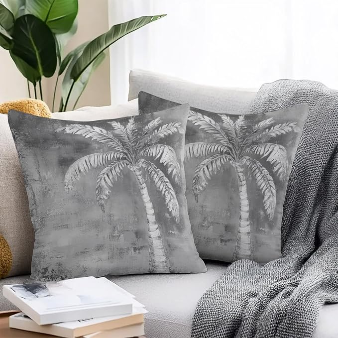 Coastal Beach Tree Grey Outdoor Waterproof Pillow Covers, Vintage Summer Palm Tree Decorative Square Throw Pillowcase, Tropical Botanical Sofa Cushion Sham for Patio/Couch/Chair, 26"x26" 2 Pack