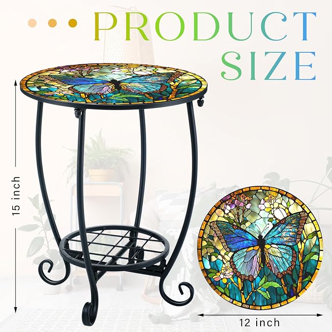 Cinnvoice Outdoor Side Table Round Small Mosaic Patio Accent Indoor End Plant Coffee Tea Table for Yard Patio Porch Garden Living Room, Bedroom(Butterfly Style,12 Inch)