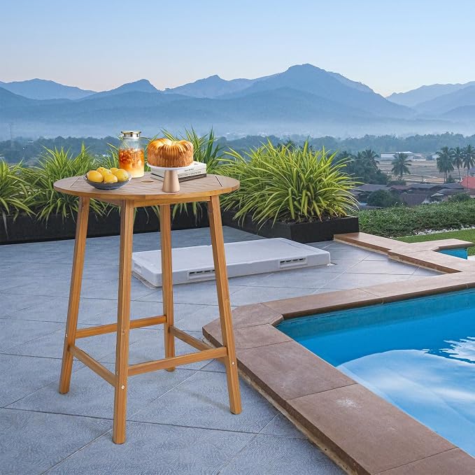 HAPPYGRILL 31.5” Round Bar Table, Bar Height Table with Umbrella Hole & Slatted Tabletop, Acacia Wood Patio Bistro Table, Side Table for Indoors Outdoors