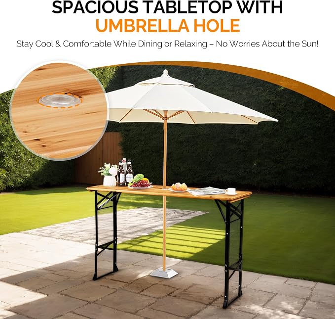 VINGLI 67 Inch Wooden Folding Picnic Table, Picnic Beer Table with Umbrella Hole, Adjustable Heights (29.5" Sitting & 41.5" Standing) – Perfect for Picnics, BBQs, Parties, Bars, and Camping