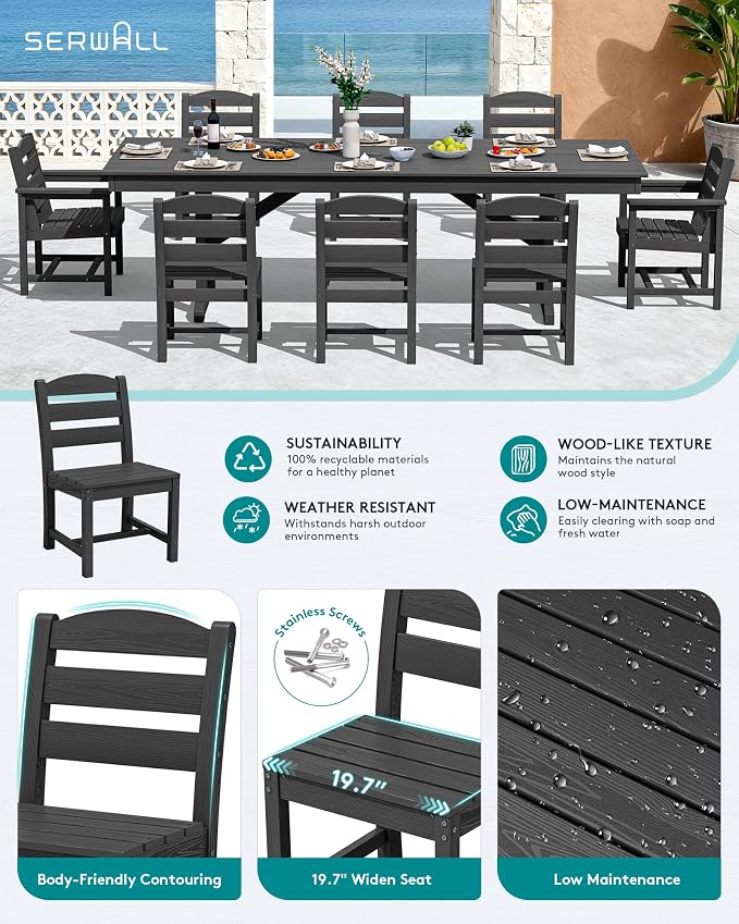 SERWALL 9 Piece Outdoor Dining Set, 84" HDPE Outdoor Table with 6 Armless Chairs and 2 Armchairs ，All Weather Patio Dining Furniture Set with Umbrella Hole for Backyard, Garden, Black