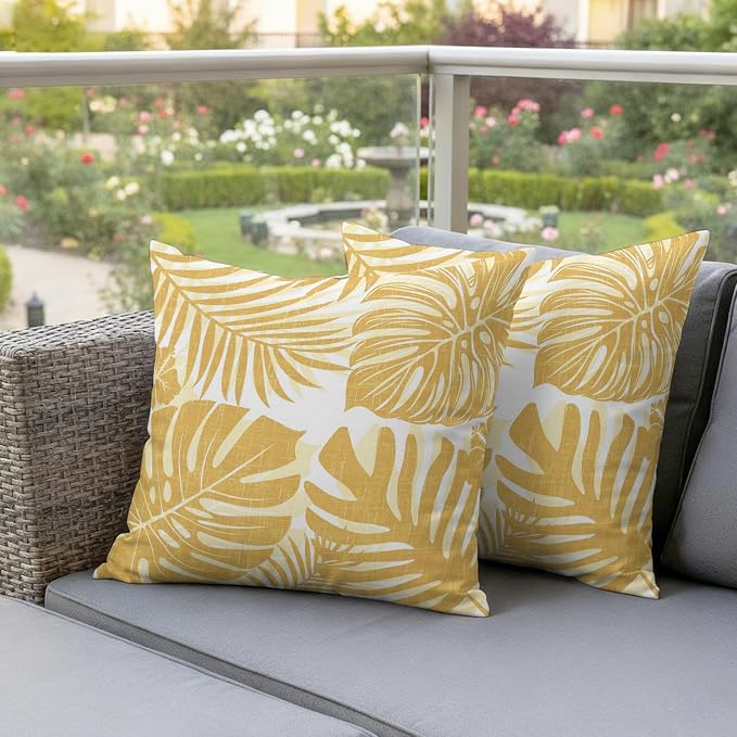 Yellow Palm Leaves Outdoor Pillow Covers 18"x18" Set of 2, Tropical Botanical Minimalist Modern Waterproof Throw Pillow Covers for Patio Furniture, Decorative Cushion Covers for Porch