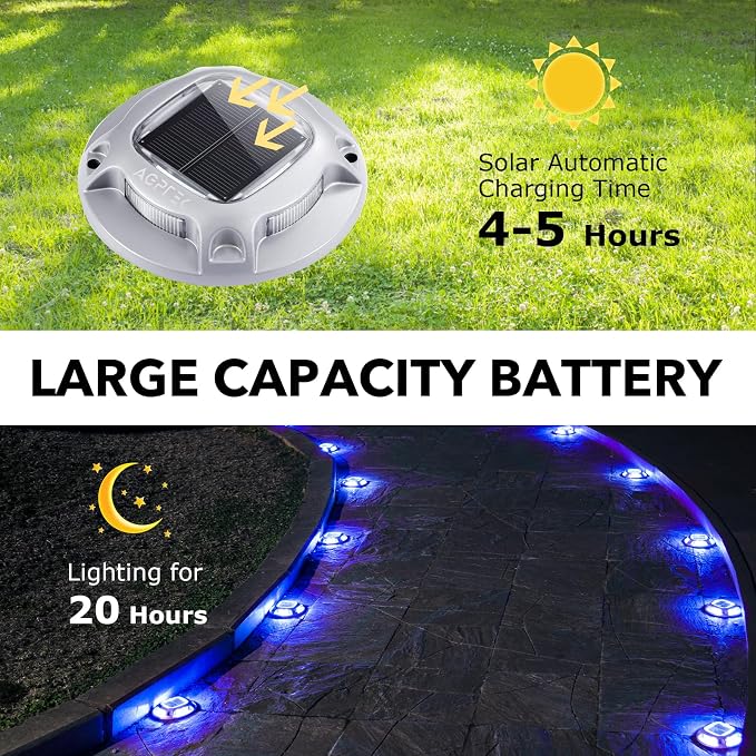 AGPTEK Solar Driveway Lights Outdoor 12 Pack, 2 Color Modes LED Deck Dock | Marine Waterproof Driveway Marker Lights for Step Sidewalk Stair Garden Pathway Walkway Yard (Blue Light/Cool White)