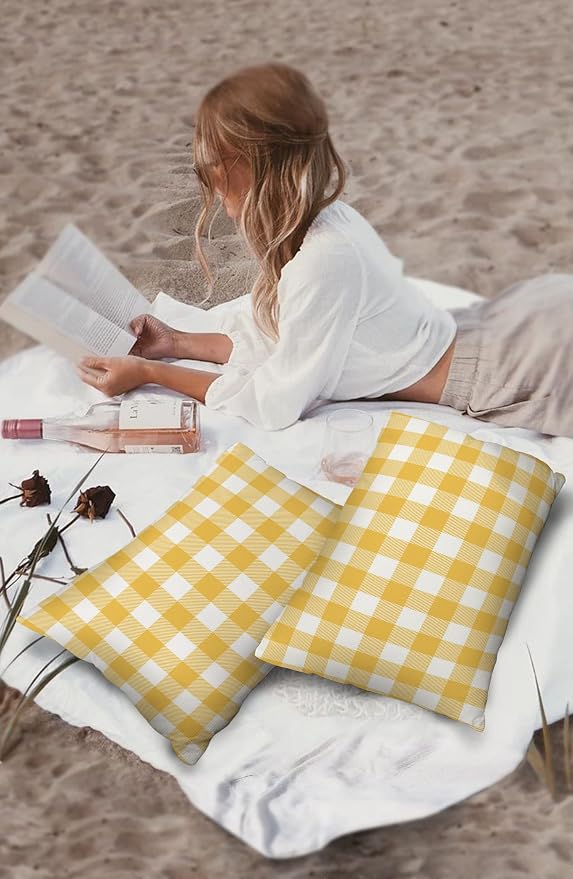 Outdoor Waterproof Throw Pillow Covers Set of 2 Yellow Buffalo Check Plaid Lumbar Pillowcases 20x12 Inches Farmhouse Style Patio Decorative Pillows Cushion Case Patio Pillows for Couch Bed Garden