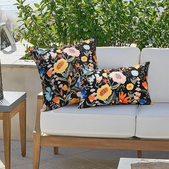 Floral Outdoor Throw Pillow Covers 16x16 Waterproof Colorful Summer Spring Garden Decorative Square Patio Pillows Outdoor Pillows Covers for Patio Furniture Set of 2 (No Pillow Insert)