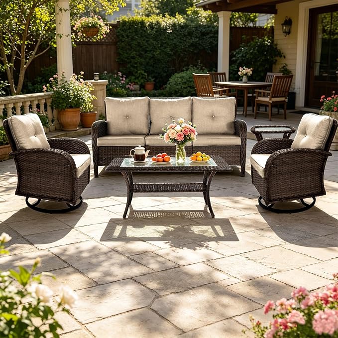 SHGJ&SOFT All Weather Patio Furniture Set, High Back Swivel Rocker Glider Chairs，Ottomans & Glass Tables, Outdoor Conversation Set for Deck Porch Yard Poolside (Brown, 5PCS-Sofa&Swivel Chairs&Tables)