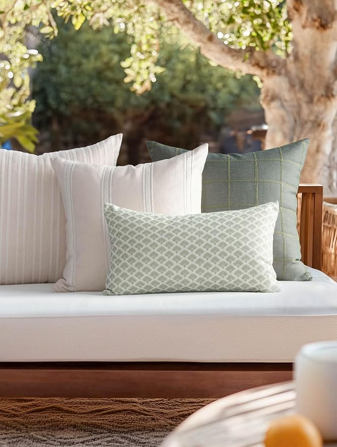 Modern Farmhouse Fall Linen Indoor Outdoor Throw Pillow Cover Only, 22"x22" Water Repellent for Patio, Backyard, Couch, Oliver Green Plaid