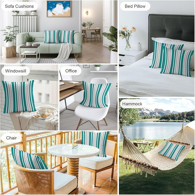 Teal Grey Stripe Outdoor Pillow Covers 20x20 Inch Throw Pillow Covers Set of 2 Waterproof Decorative Pillow Cases Farmhouse Minimalist Striped Cushion Covers for Patio Furniture Garden Couch Sofa