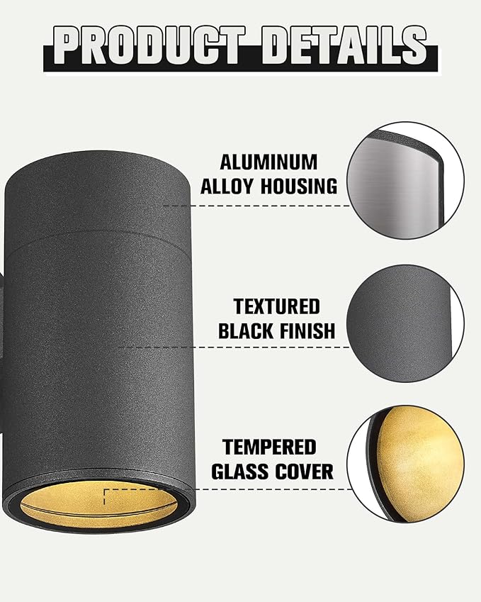 Ken & Ricky Dusk to Dawn Outdoor Wall Sconce Lights,Cylinder，Black ，2 PK | With Glass Cover,Photocell Sensor,No Glare Exterior Lighting Fixtures,E26,For House Front Porch Garage Patio Entryway