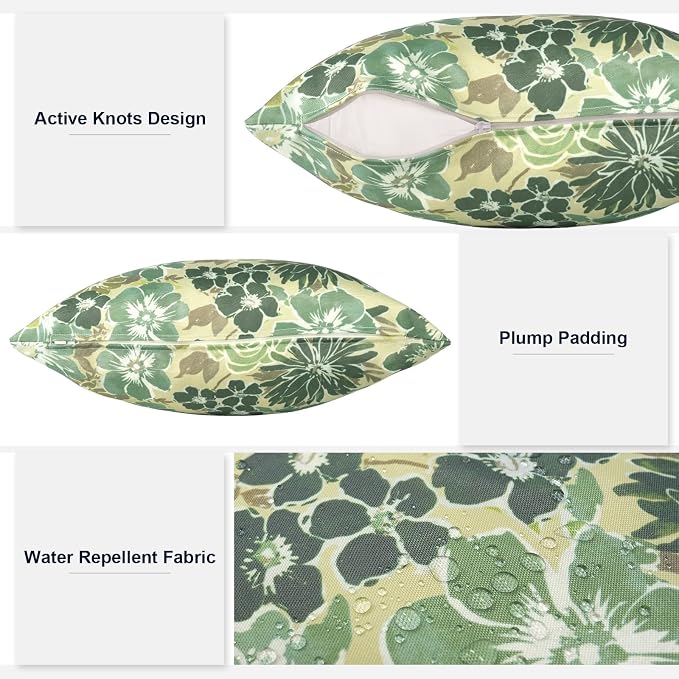 Outdoor 20x20 Inch Throw Pillows with Inners, Square Pillows Decorative Set of 2 for Home Garden Furniture, Green Rose