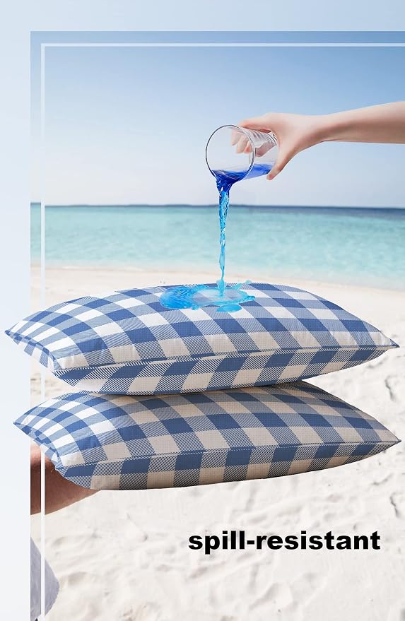 Outdoor Waterproof Throw Pillow Covers Set of 2 Buffalo Plaid Blue Check Lumbar Pillowcases 20x12 Inches Farmhouse Style Patio Decorative Pillows Cushion Case Patio Pillows for Couch Bed Chair Garden