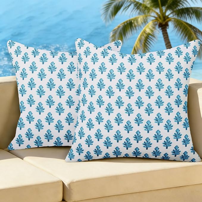 Outdoor Pillow Covers 18x18 Set of 2 Boho Blue Floral Accent Print Decorative Throw Pillow Cases for Outdoor Waterproof Patio Furniture Garden Porch Sofa Bed Cushion Covers Home Decor JB005-B18