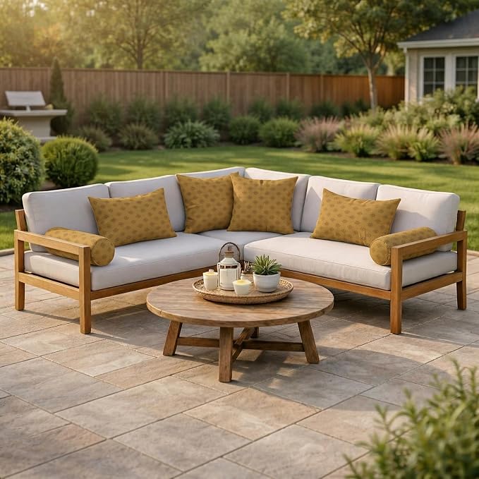 RSH DECOR: 6-Pack Pillow Set | Sunbrella Performance Fabric |Water & Fade-Resistant| 17" Square, 20"x12" Lumbar, 20"x6" Neck Roll | Outdoor Pillows for Patio Furniture | Made in USA (Trinket Teak)